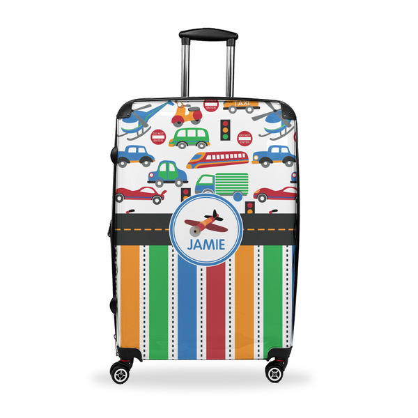 Custom Transportation & Stripes Suitcase - 28" Large - Checked w/ Name or Text