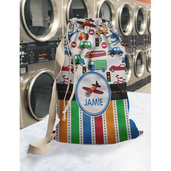 Transportation & Stripes Laundry Bag in Laundromat