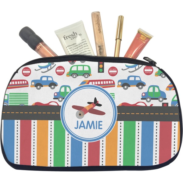 Custom Transportation & Stripes Makeup / Cosmetic Bag - Medium (Personalized)
