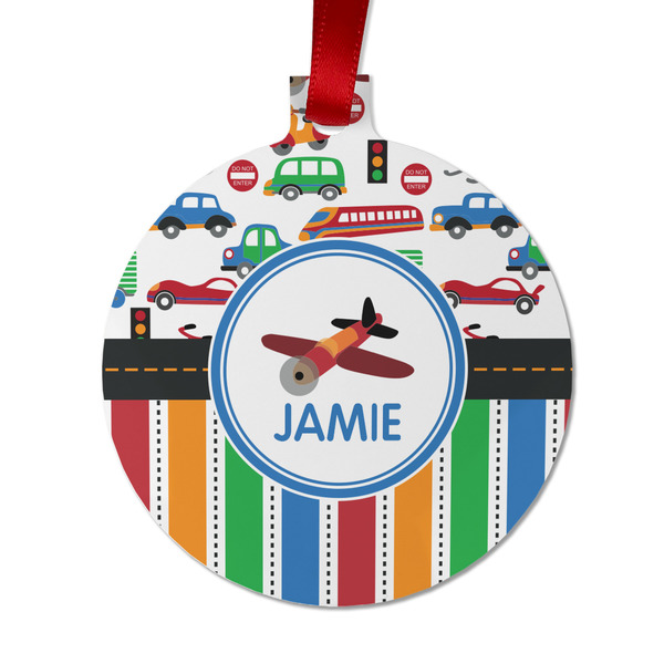 Custom Transportation & Stripes Metal Ball Ornament - Double Sided w/ Name or Text