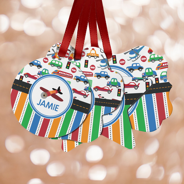 Custom Transportation & Stripes Metal Ornaments - Double Sided w/ Name or Text