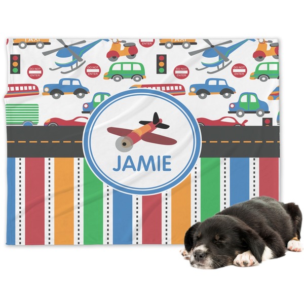 Custom Transportation & Stripes Dog Blanket - Large (Personalized)