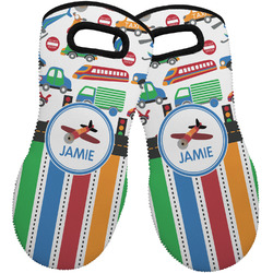Transportation & Stripes Neoprene Oven Mitts - Set of 2 w/ Name or Text