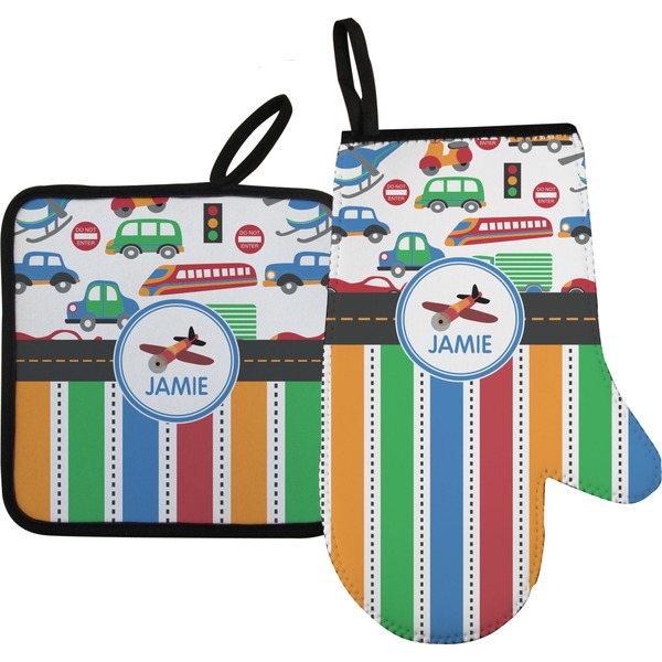 Custom Transportation & Stripes Right Oven Mitt & Pot Holder Set w/ Name or Text