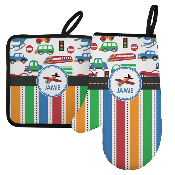 Custom Transportation & Stripes Left Oven Mitt & Pot Holder Set w/ Name or Text