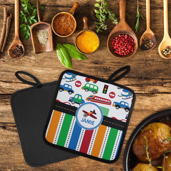 Transportation & Stripes Neoprene Pot Holder - Set of 2  LIFESTYLE (Flatlay)