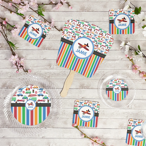 Transportation & Stripes Party Supplies Combination Image - All items - Plates, Coasters, Fans