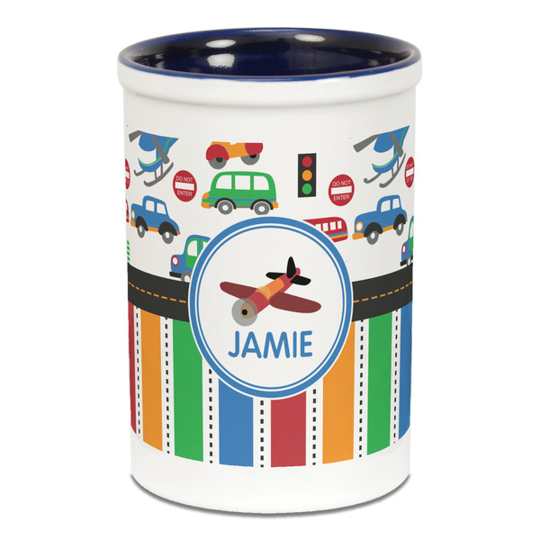 Custom Transportation & Stripes Ceramic Pencil Holders - Blue