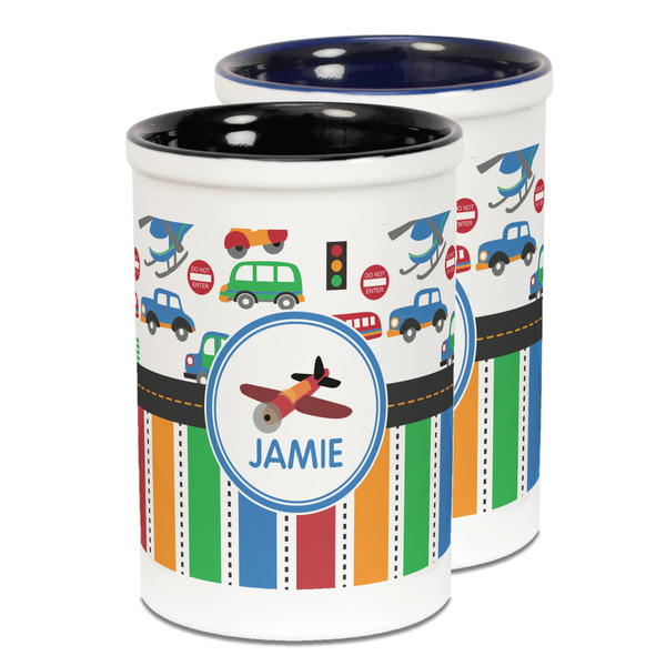 Custom Transportation & Stripes Ceramic Pencil Holder - Large