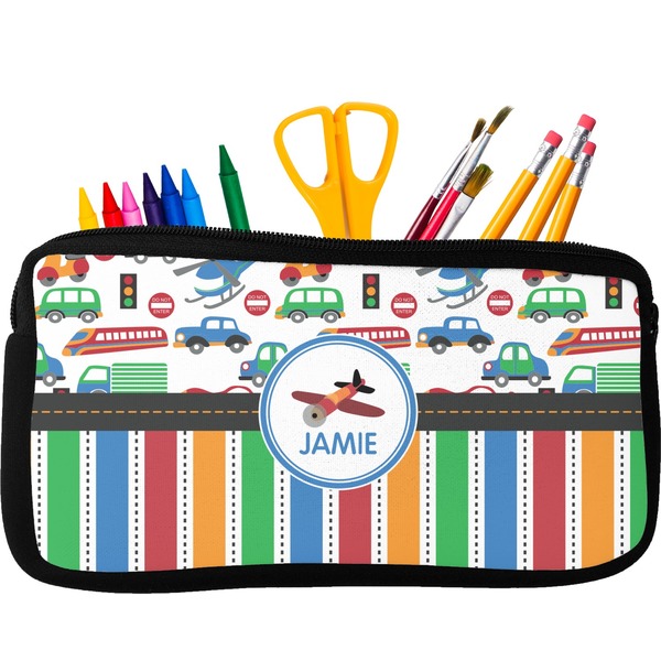 Custom Transportation & Stripes Neoprene Pencil Case - Small w/ Name or Text