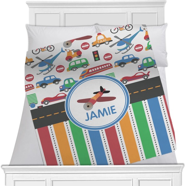Custom Transportation & Stripes Minky Blanket - Toddler / Throw - 60"x50" - Double Sided (Personalized)
