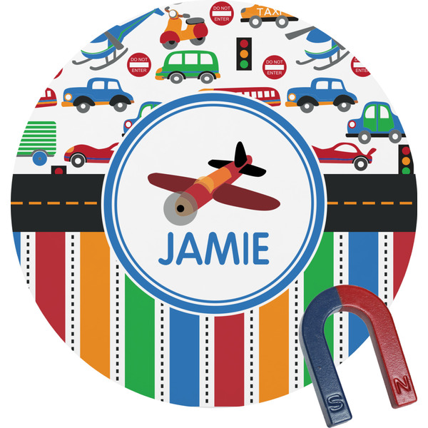 Custom Transportation & Stripes Round Fridge Magnet (Personalized)