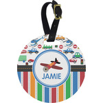 Transportation & Stripes Plastic Luggage Tag - Round (Personalized)