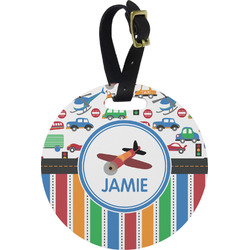Transportation & Stripes Plastic Luggage Tag - Round (Personalized)