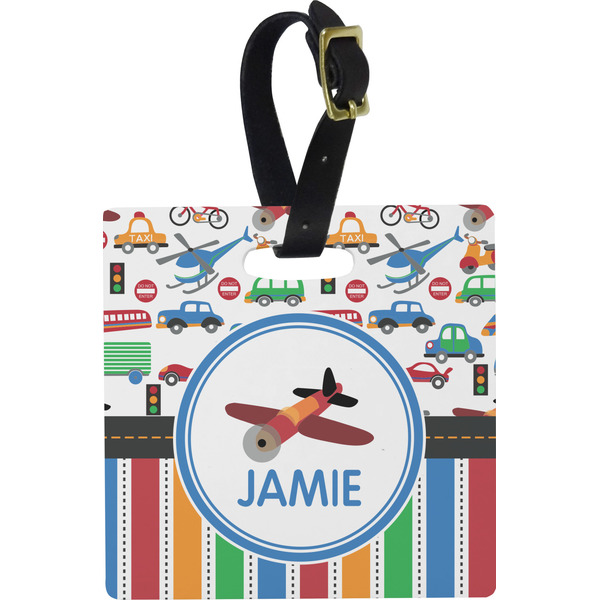 Custom Transportation & Stripes Plastic Luggage Tag - Square w/ Name or Text