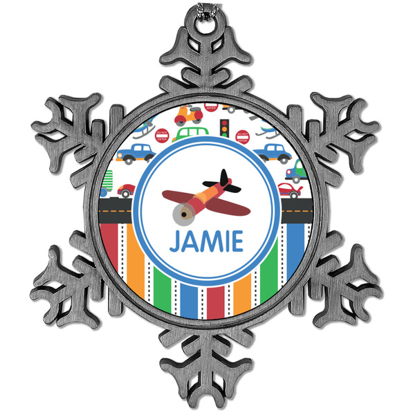Custom Transportation & Stripes Vintage Snowflake Ornament (Personalized)