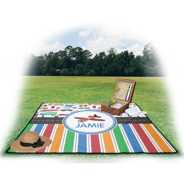 Transportation & Stripes Picnic Blanket - with Basket Hat and Book - in Use