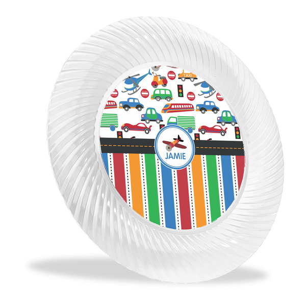 Custom Transportation & Stripes Plastic Party Dinner Plates - 10" (Personalized)