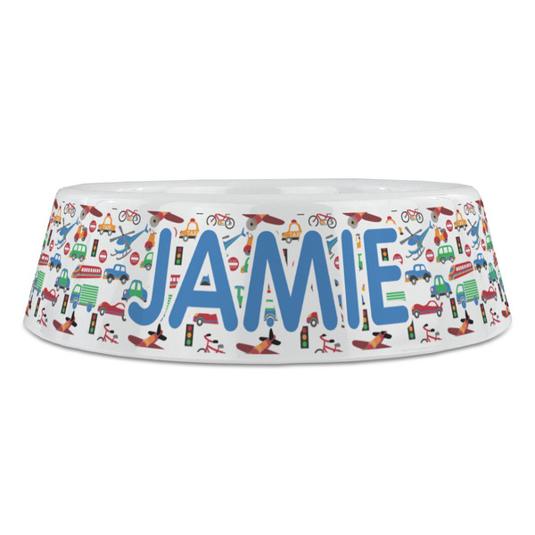 Transportation & Stripes Plastic Pet Bowls - Large - FRONT