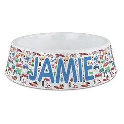 Transportation & Stripes Plastic Dog Bowl - Large (Personalized)