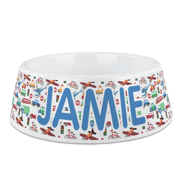 Custom Transportation & Stripes Plastic Dog Bowl - Medium (Personalized)