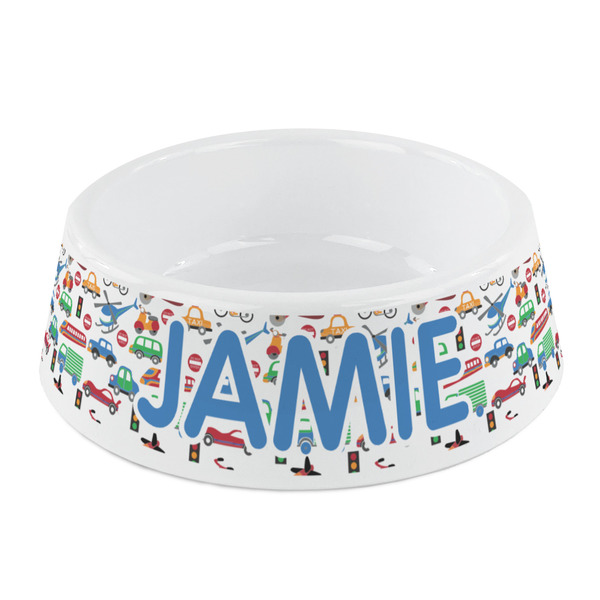Custom Transportation & Stripes Plastic Dog Bowl - Small (Personalized)