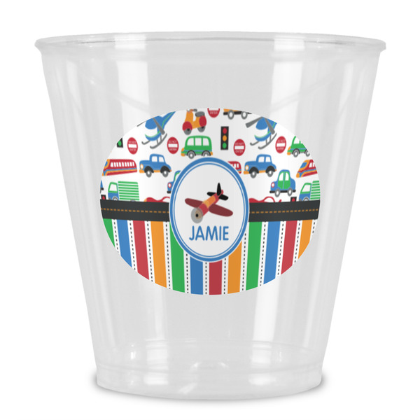 Custom Transportation & Stripes Plastic Shot Glass (Personalized)