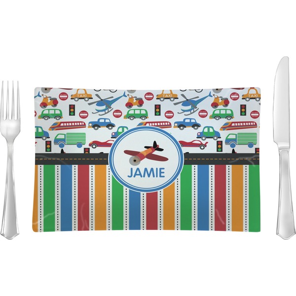 Custom Transportation & Stripes Glass Rectangular Lunch / Dinner Plate (Personalized)