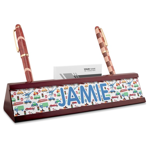 Custom Transportation & Stripes Red Mahogany Nameplate with Business Card Holder (Personalized)