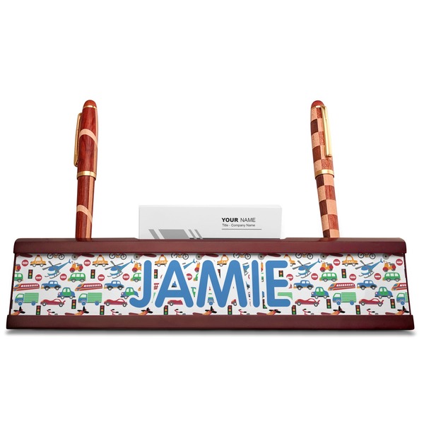 Transportation & Stripes Red Mahogany Nameplates with Business Card Holder - Straight
