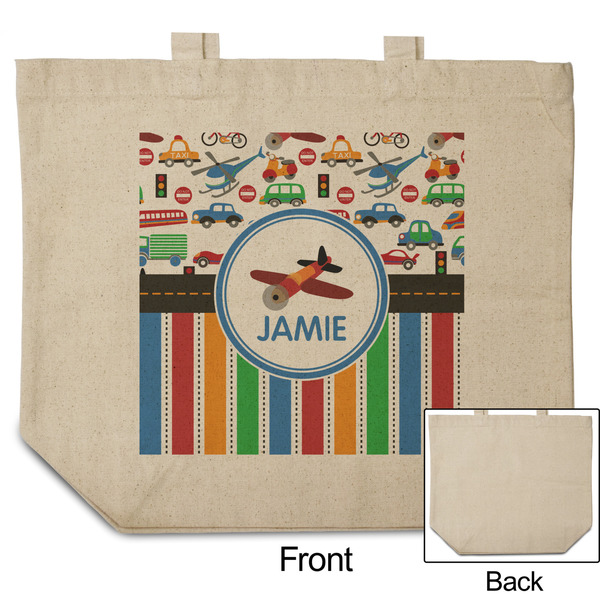 Transportation & Stripes Reusable Cotton Grocery Bag - Front & Back View