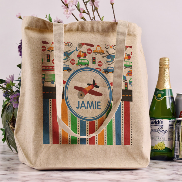 Transportation & Stripes Reusable Cotton Grocery Bag - In Context