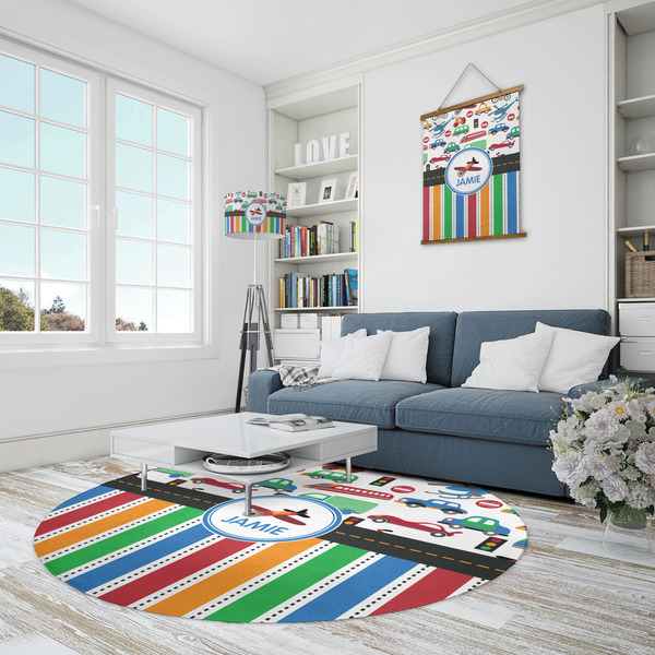 Transportation & Stripes Round Area Rug - IN CONTEXT