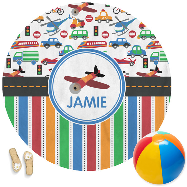 Custom Transportation & Stripes Round Beach Towel (Personalized)
