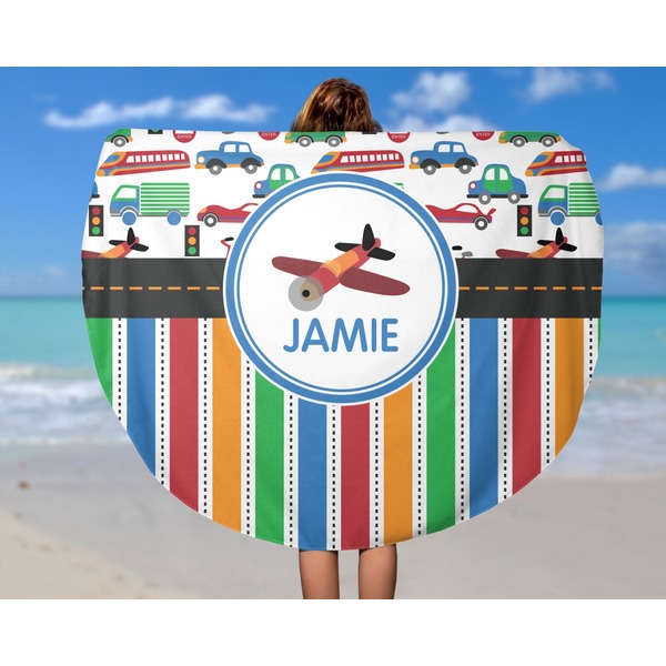 Transportation & Stripes Round Beach Towel - In Use