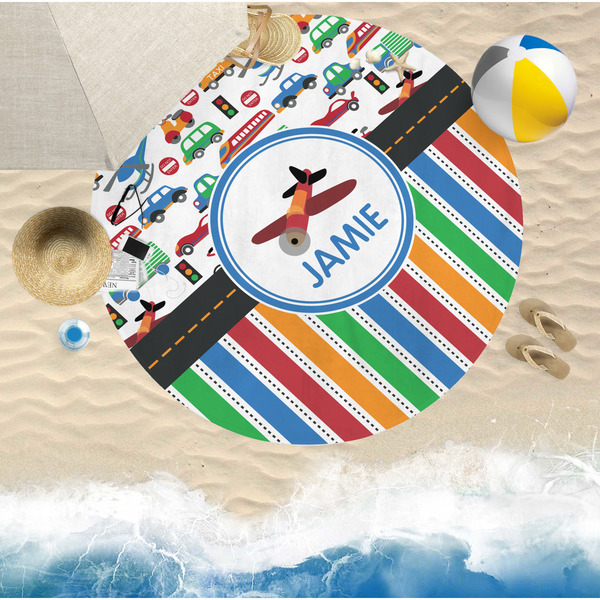 Transportation & Stripes Round Beach Towel Lifestyle