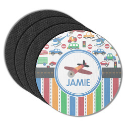Transportation & Stripes Round Rubber Backed Coasters - Set of 4 (Personalized)