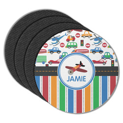 Transportation & Stripes Round Rubber Backed Coasters - Set of 4 (Personalized)