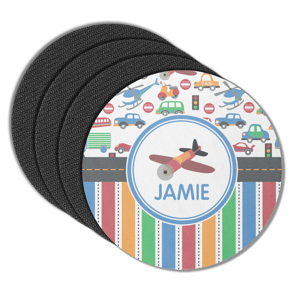 Custom Transportation & Stripes Round Rubber Backed Coasters - Set of 4 (Personalized)