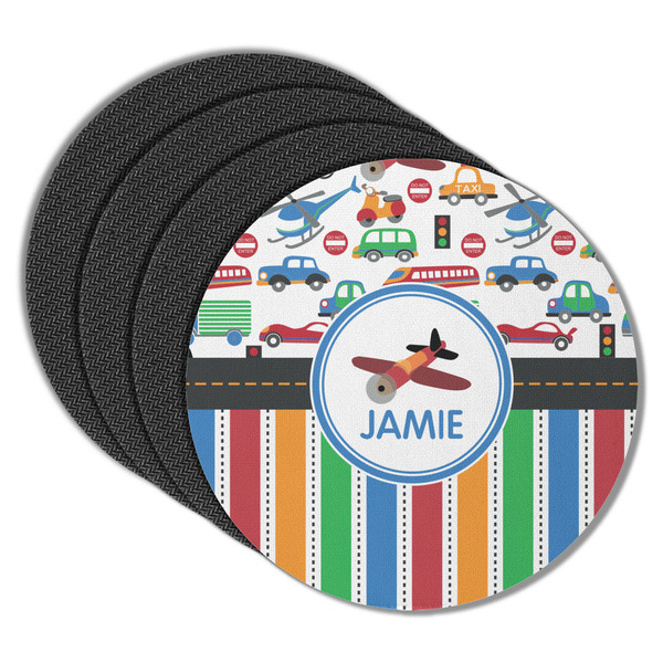 Custom Transportation & Stripes Round Rubber Backed Coasters - Set of 4 (Personalized)