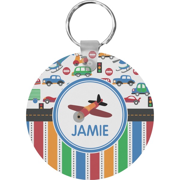 Custom Transportation & Stripes Round Plastic Keychain (Personalized)