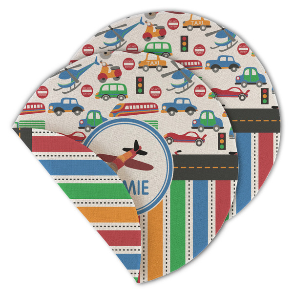 Custom Transportation & Stripes Round Linen Placemat - Double Sided (Personalized)