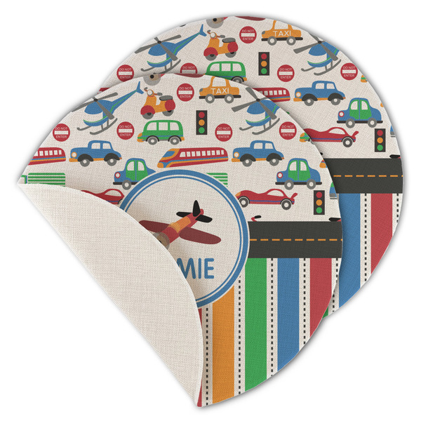 Custom Transportation & Stripes Round Linen Placemat - Single Sided - Set of 4 (Personalized)