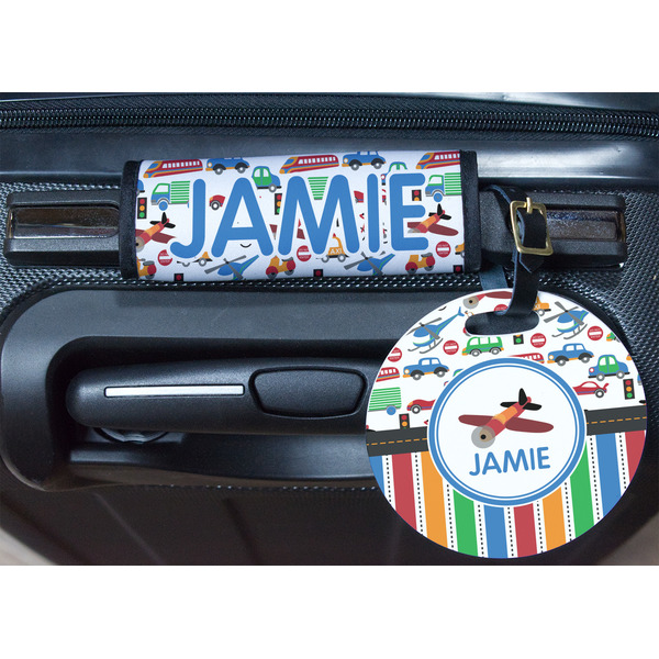 Transportation & Stripes Round Luggage Tag & Handle Wrap - In Context