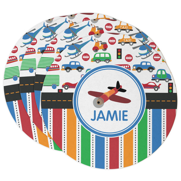 Custom Transportation & Stripes Round Paper Coasters w/ Name or Text