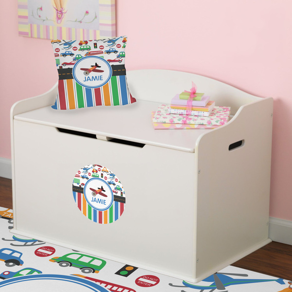 Transportation & Stripes Round Wall Decal on Toy Chest