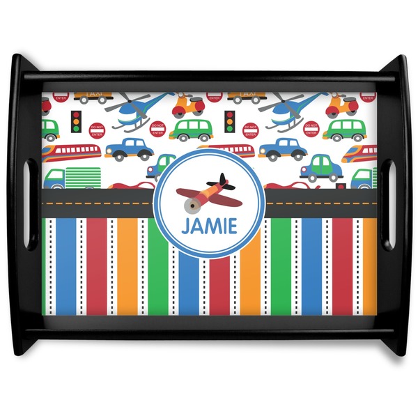 Custom Transportation & Stripes Black Wooden Tray - Large (Personalized)