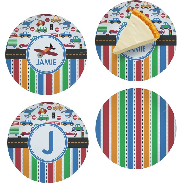 Custom Transportation & Stripes Set of 4 Glass Appetizer / Dessert Plate 8" (Personalized)