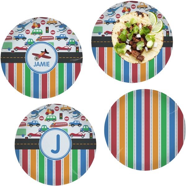 Custom Transportation & Stripes Set of 4 Glass Lunch / Dinner Plate 10" (Personalized)