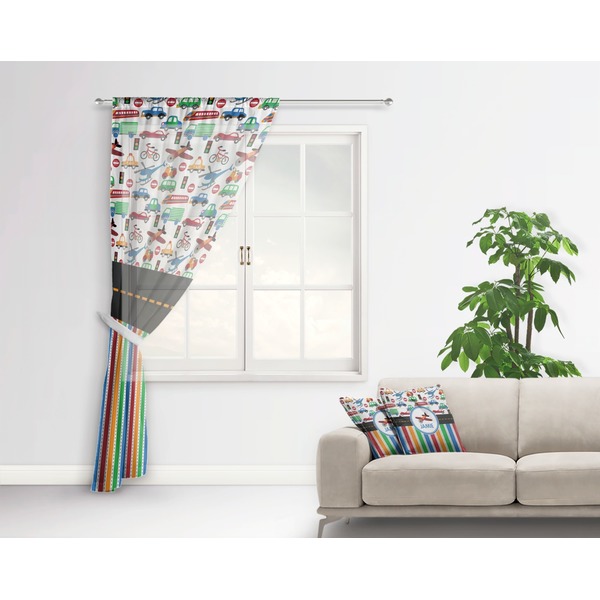 Transportation & Stripes Sheer Curtain With Window and Rod - in Room Matching Pillow